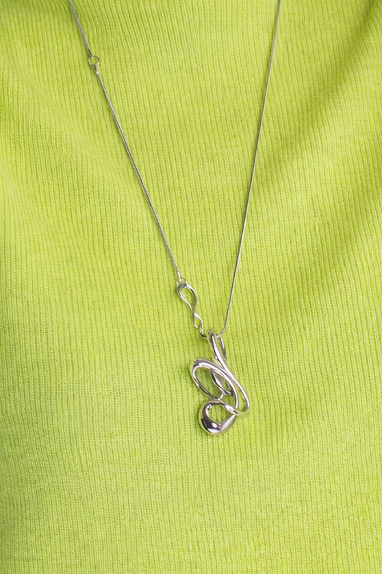 A necklace featuring a fluid organic pendant with nice S hook details.